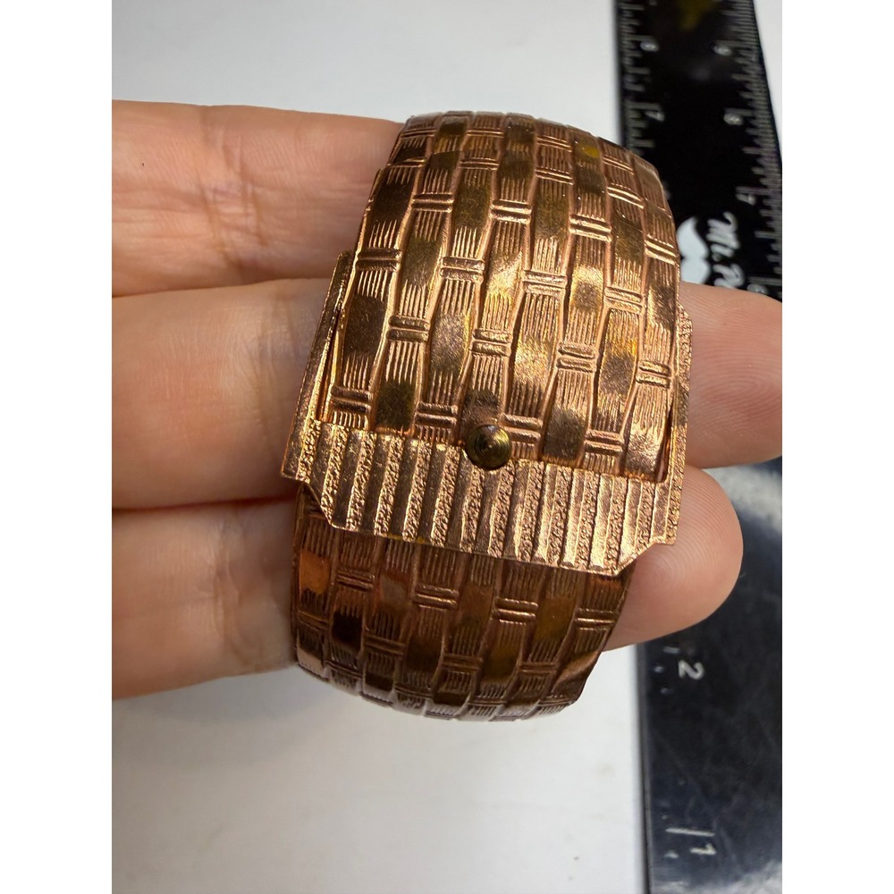 Copper Tone Basket Weave Buckle Cuff Bracelet Wide Hinged Bangle